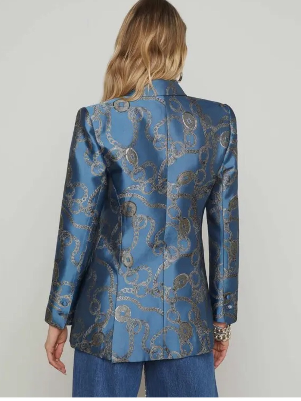 NWT L'AGENCE  Sheila Longline Jacquard Blue Silver Good Luck Chain Blazer Sz 8 - Picture 10 of 16